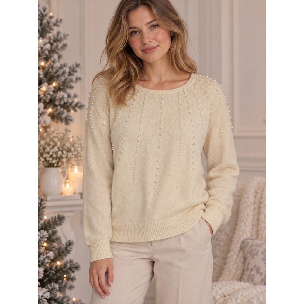 Hasting & Smith Pearl Beaded Pullover Sweater Women Size M Ivory Lambswool Blend